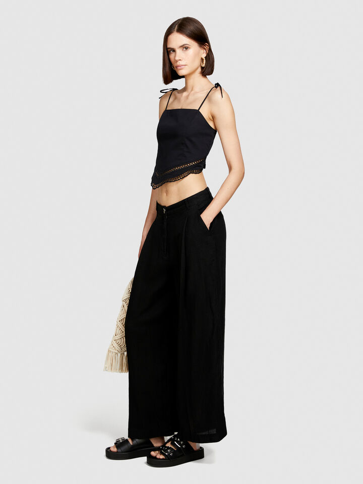 Wide leg 100% linen trousers - women's palazzo trousers - Black | Sisley image number 2